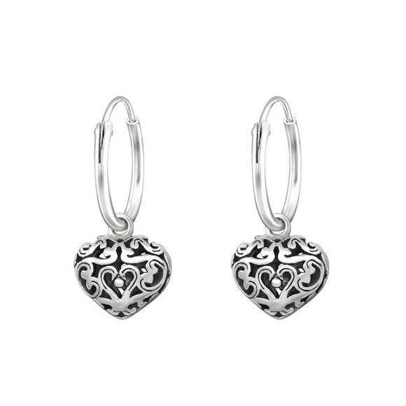 Sterling Silver Filigree  Hoop Heart Earrings - Picture 1 of 7